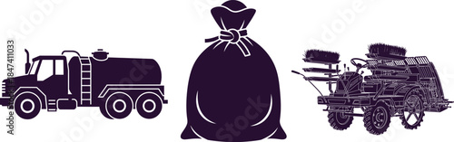 Silhouettes of a water truck, a tied sack, and a tiller on a white background Keywords: water truck, tanker truck, liquid transport