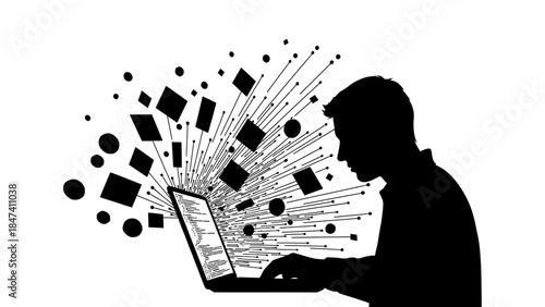 Software developer silhouette working on laptop with data flowing out internet technology concept digital transformation coding programming futuristic design black white