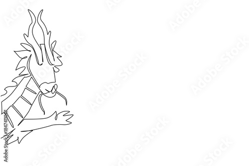 Single line drawing of a dragon waving leg behind the wall, blending mythical fantasy and minimal art. Designed as a cultural concept illustration for World Dragon Appreciation Day.