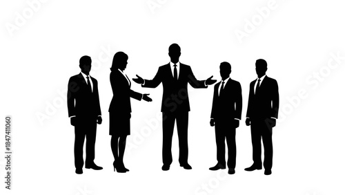 Business team silhouettes five professional people standing discussing meeting strategy partnership collaboration corporate success black white vector illustration
