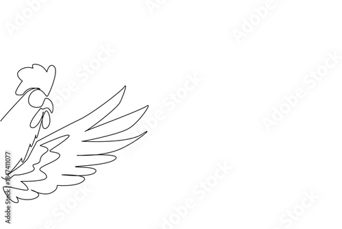 Continuous line drawing of a rooster waving its wing behind the wall, capturing humor and simplicity in animal art. Created as a nature concept for the theme of International Animal Day.