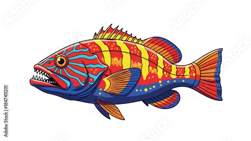 Vibrant coral reef predator swimming through crystalline tropical waters showcasing a brilliant spectrum of red yellow and blue hues, a striking
