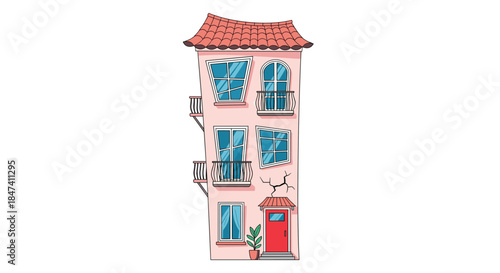 A quirky and whimsical cartoon illustration of a tall, narrow, pink European-style building with crooked windows and a red tile roof.