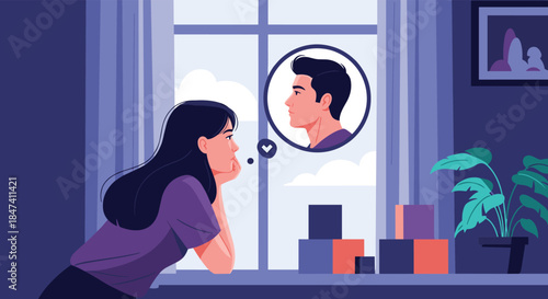 A lonely young woman looks out a window, daydreaming and thinking about a man whose face appears in a thought bubble above her.