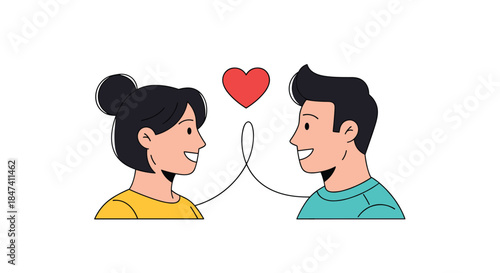 A smiling man and woman look at each other with a red heart between them, connected by a single line symbolizing love and connection.