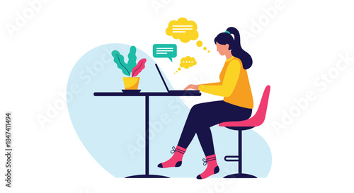 A young woman sitting at a high table works or chats on her laptop, with colorful speech bubbles indicating online communication.