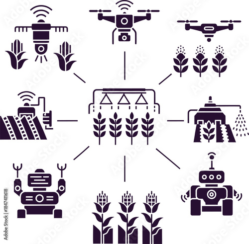 Smart Farming Technology Icons Connecting Drones Robots and Crops
