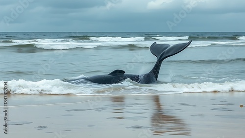 motherliness. Beached whale with tail fin splashing in shallow water under overcast sky. wildlife magazines, conservation campaigns, designed for eco-tourism storytelling.