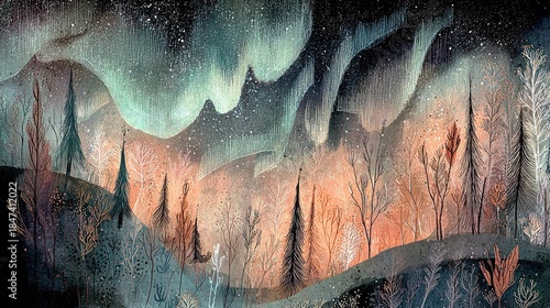 A winter forest features various trees silhouetted against the night sky. The northern lights create waves of color above hills. Stars fill the sky, adding brightness to the scene.