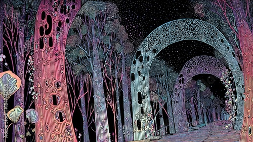 Colorful trees and arches in a surreal forest landscape at night with stars in the sky and unique patterns