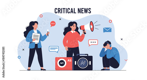 A woman with a megaphone announces critical news to a journalist and a stressed man, symbolizing the spread of important or fake information.