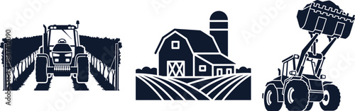 Tractor in Field, Barn with Silo, and Front Loader Silhouette Icons rows crops