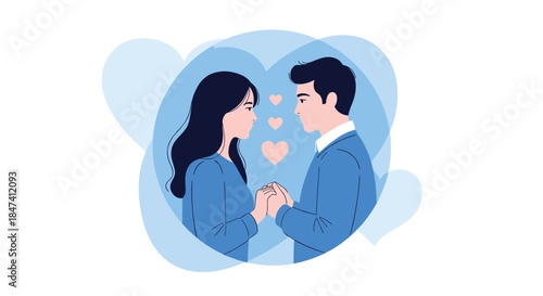 A romantic illustration of a loving couple holding hands and looking into each other's eyes, surrounded by a blue heart-shaped background.