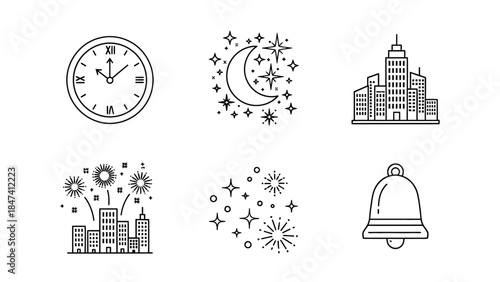 Midnight clock with roman numerals, sparkling moon and stars, city skyline, fireworks, and a celebratory bell for new year festivities
