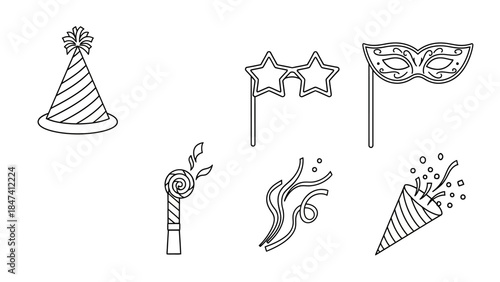 Party accessories linear icons set birthday hat star glasses masquerade mask noisemaker confetti popper festive elements thin line symbols vector illustration