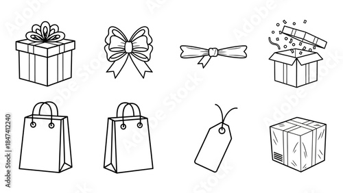 Gift boxes, decorative bows, shopping bags, and a price tag in line art style, perfect for holiday shopping and celebration themes