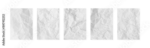 A set of wrinkled white paper sheets with different realistic textures, arranged vertically.