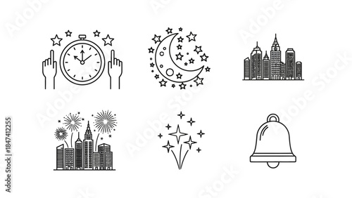New year celebration linear icons set countdown time moon stars cityscape fireworks bell festive party elements thin line symbols vector illustration