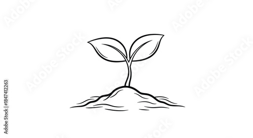 A simple black and white line art drawing of a small sprout with two leaves growing from a mound of soil, symbolizing new life and growth.