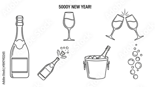 Celebratory collection of champagne bottle, glass, and popping cork icons, perfect for new year celebrations and special occasions on a white background