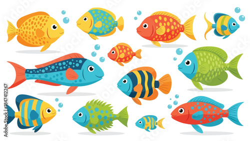 Vibrant, cheerful collection of diverse cartoon fish swimming happily. Each displays unique patterns, bright colors, friendly expressions, a lively