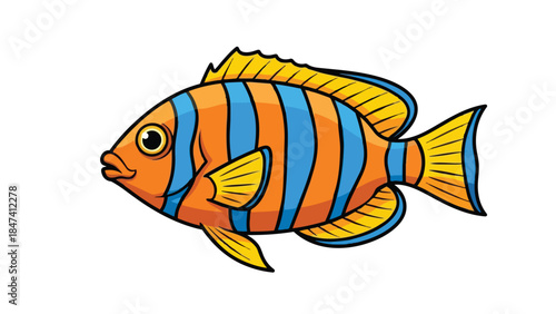 A vibrant striped tropical fish illustration featuring playful orange and blue patterns swimming serenely with lively fins and an appealing gaze for