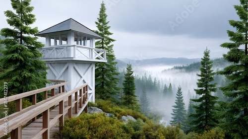 Fire lookout tower standing amidst misty forest mountains