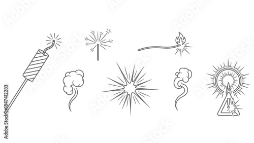 Collection of firecracker, sparkler, and smoke icons, representing fireworks and celebratory light effects for festive events on white background