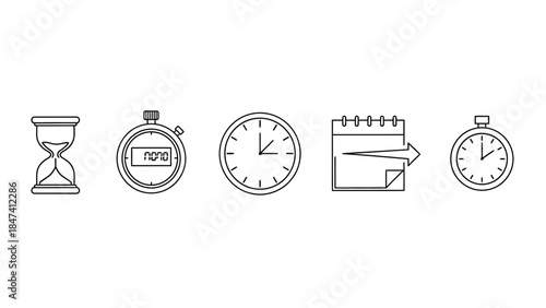 Set of time-related icons including hourglass, stopwatch, clock, and calendar elements, perfect for illustrating deadlines and schedules