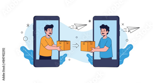 Two men exchange a package through their smartphone screens, illustrating the concept of online shopping, delivery services, and digital transactions.