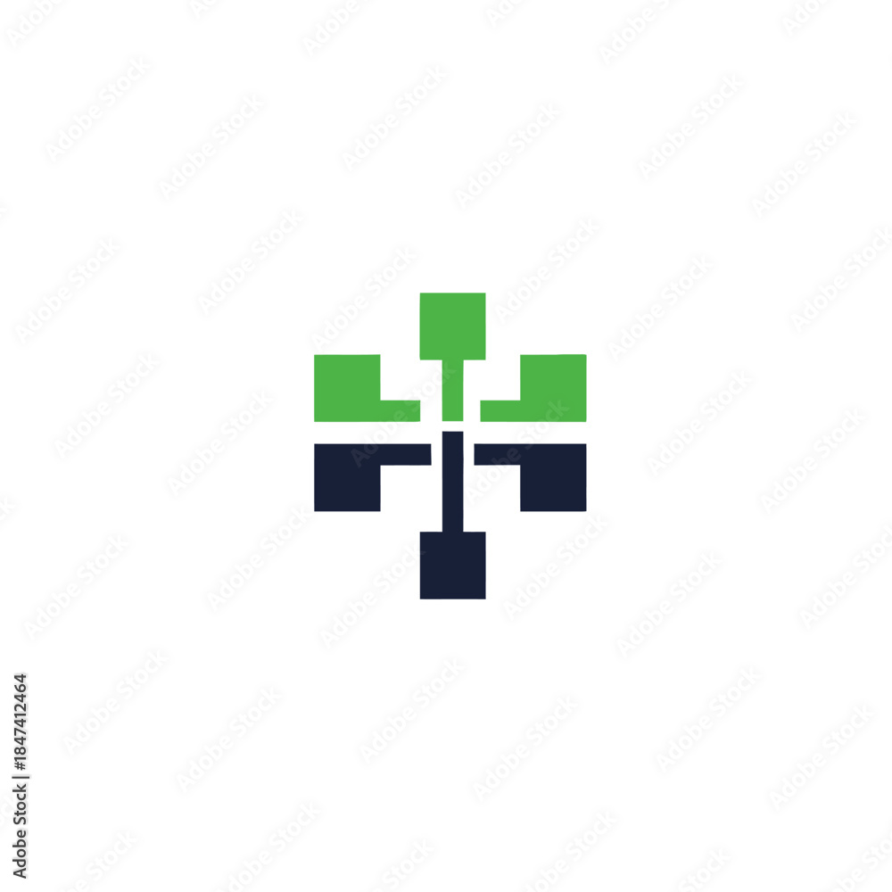 Obraz premium A sleek and minimalist abstract graphic representing digital connectivity and innovation, with interconnected elements forming a modern network or growth pattern in vibrant green and deep blue