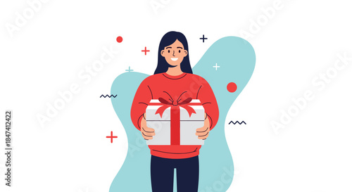 A happy young woman in a red sweater holds a beautifully wrapped gift box with a red ribbon, ready for a birthday or holiday celebration.