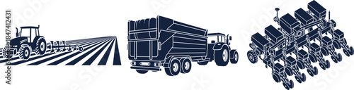 Tractor plowing a field, dump truck, and planter machine icons vector illustration