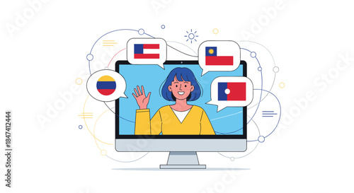 A woman on a computer screen teaches foreign languages online, with various national flags in speech bubbles representing different courses.