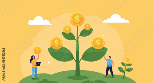 A man and a woman tend to a growing money tree with gold coins, illustrating concepts of investment, financial growth, and wealth.