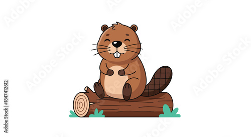 An adorable cartoon beaver with big teeth smiles happily while sitting on a wooden log in a patch of green grass.