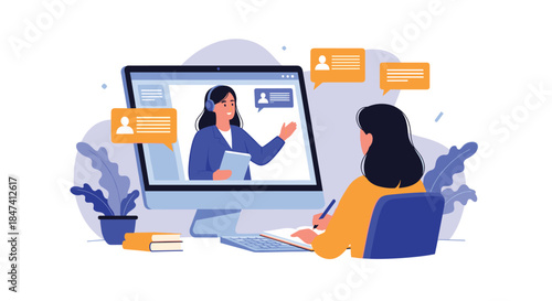 A female student takes notes while watching an online lecture or webinar with a female teacher on a large computer screen.