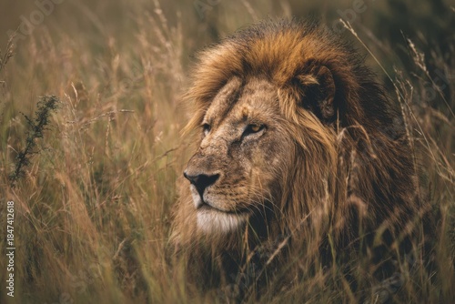 Majestic Male Lion Standing Proudly in African Savanna Grasslands
