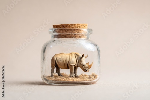 Rhino figurine captured in a glass jar with cork lid