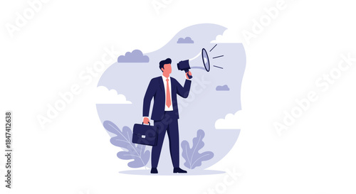 A businessman in a suit holds a briefcase and shouts through a megaphone, making an important announcement or leading a protest.