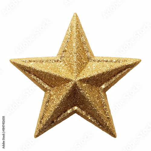 3D golden glitter star ornament, isolated on transparent background.