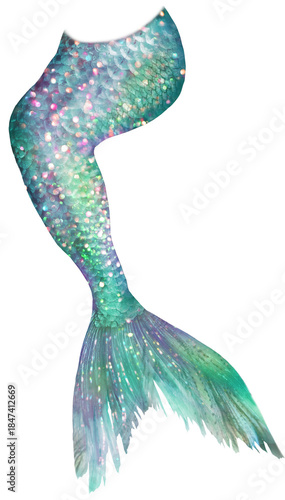 Картината върху платно Curved teal mermaid tail with sparkling rainbow scales and flowing fin, dreamy w