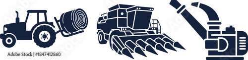 Tractor with hay bale, combine harvester, and agricultural pump icons farm