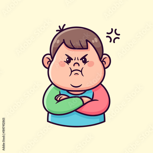 Cute Angry Boy with Crossed Arms Cartoon Vector Icon Illustration People Icon Concept Isolated Premium Vector Flat Cartoon Style.