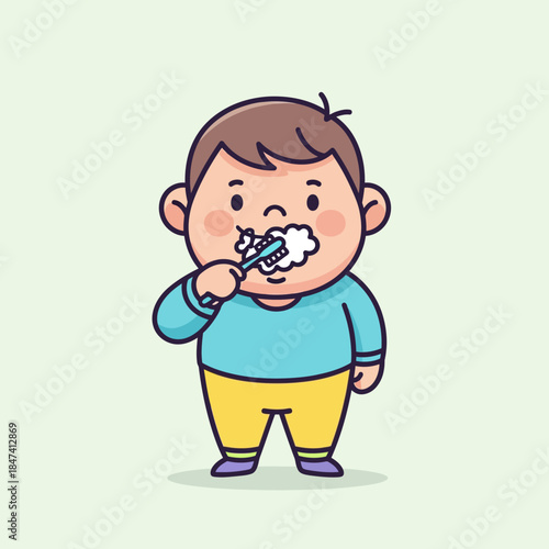 Cute cartoon boy brushing his teeth with toothpaste.