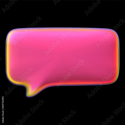 3D red holographic speech bubble vector design, iridescent roundish rectangular text bubble, message dialogue cloud