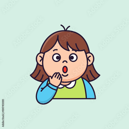Cute cartoon girl with surprised expression covering her mouth.