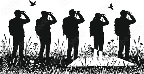 Bird watching silhouettes, nature hike, outdoor exploration, binoculars, wildlife observation, adventure travel, eco tourism, natural environment