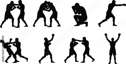 Boxing silhouette icons, sparring poses, punching stances, defensive guard, uppercut action, clinch movement, victory celebration, combat sports