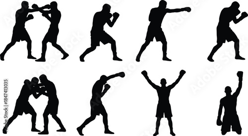 Boxing silhouette icons, sparring poses, punching stances, uppercut action, defensive guard, victory celebration, combat sports, fitness training